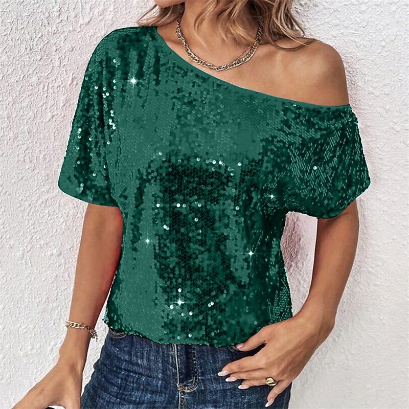 Damen Sommeroberteile Bluse Elegante Oberteile Pailletten-Oberteile Gerafft Pailletten Patchwork Einfarbig Einfach Elegant Vintage Damen Kurzarm Schulterfrei Normale Oberteile Täglich Arbeit Ausgehen 2026 - $11.49 –P5