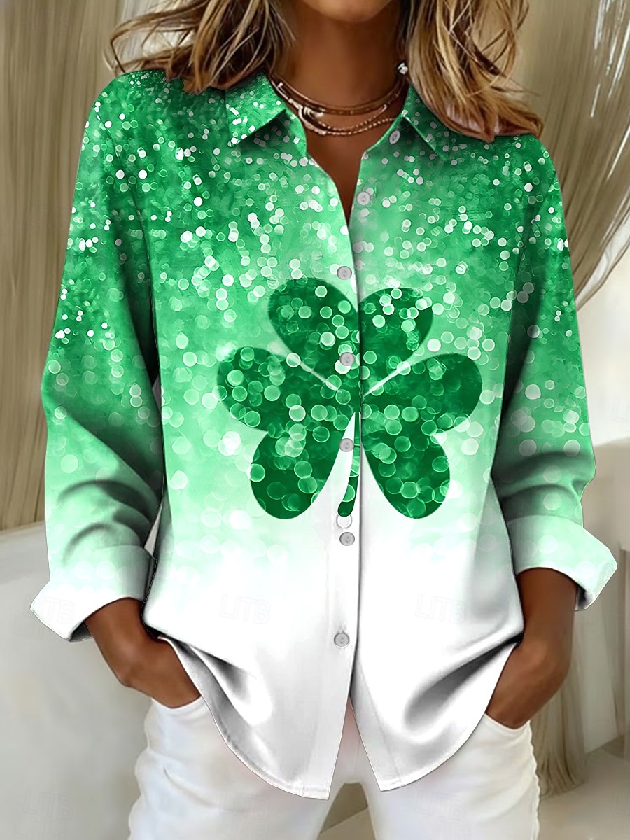 Saint Patrick's Day Dam Blus Knappar Mönster Grafisk Vitklöver Vintage Stylish Ledigt Långärmad Tröjkrage Vanliga toppar Dagligen Arbete Svart Vit Ljusgrön Grön Sommar Vår Vinter 2026 - $32.99 –P4