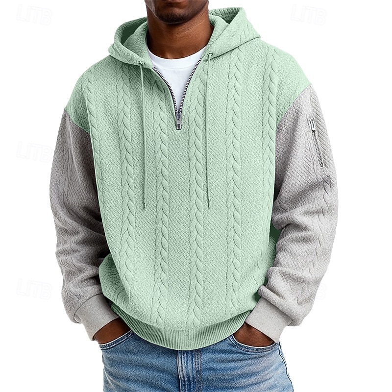 Men's Jacquard Hoodie Pullover Hoodie Sweatshirt Quarter Zip Hoodie Light Green Gray Hooded Plain Patchwork Color Block Textured Casual Daily Sports & Outdoor Polyester Streetwear Cool Sportswear 2026 - $24.99 –P1