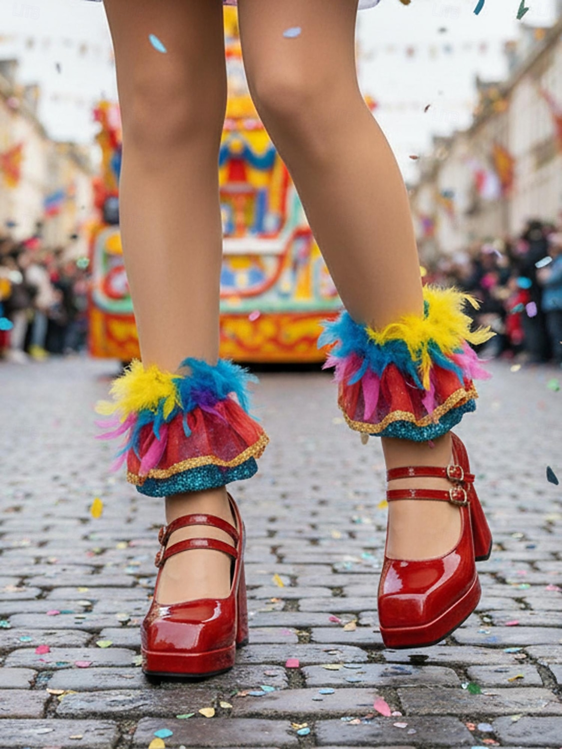 2026年 女性用マルディグラ赤のパテントフェイクレザープラットフォームヒールにダブルバックルのメリージェーンシューズ - カーニバル、パレード、フェスティバルのお祝いに最適  コレクション – $59.99 –P1