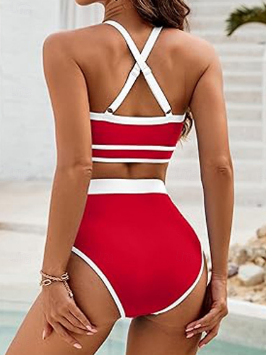 Dámské bikini dvoudílné plavky barevné bloky slipové štíhlé bez zad dovolená plážové oblečení pruhovaný halterneck bez rukávů 2026 - $24.99 –P2