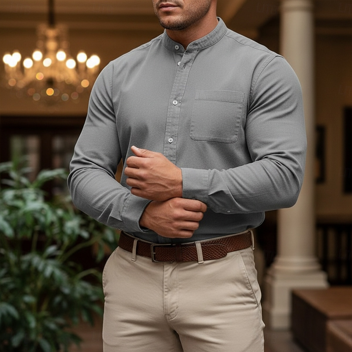 Hombre Camisa Camisa casual Camisa con cuello mao Rosa Azul Marino Gris Manga Larga Plano Collar mandarín Casual Exterior Bolsillo Ropa Poliéster Neutral Moda Diario Casual 2026 - $24.99 –P1