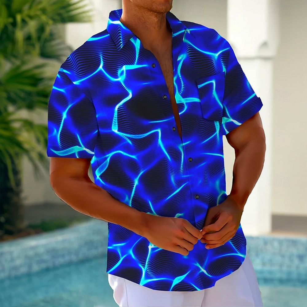 Herren Blitz Abstrakt Neonleuchten Hemd Sommerhemd Knopfhemd Kurzarm Modisch lässig Outdoor Urlaub Alltagskleidung Sommer Frühling Umlegekragen 3D-Druck Hemden mit Kragen Eine Tasche vorne Blau 2026 - $25.99 –P1