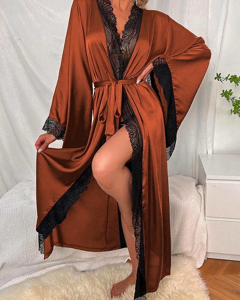 Γυναικεία Ρόμπα Καθημερινό Μαλακή Σατέν Μονόχρωμες Δαντέλα Παντελόνι Καθημερινά Σπίτι Κρεβάτι Μακρυμάνικο Λαιμόκοψη V Μαύρο Λευκό Κρασί Ρουμπίνι Καφέ Καλοκαίρι Άνοιξη Κανονικό 2026 - $39.99 –P10