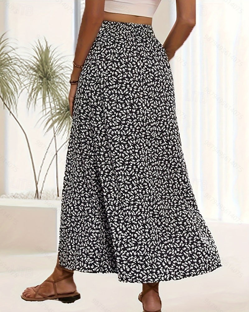 Women's Elegant Fashion Casual Maxi High Waist Skirts Floral Print Split Ends Micro-elastic Stretchy Daily Street Black Pink Summer 2026 - $14.99 –P2