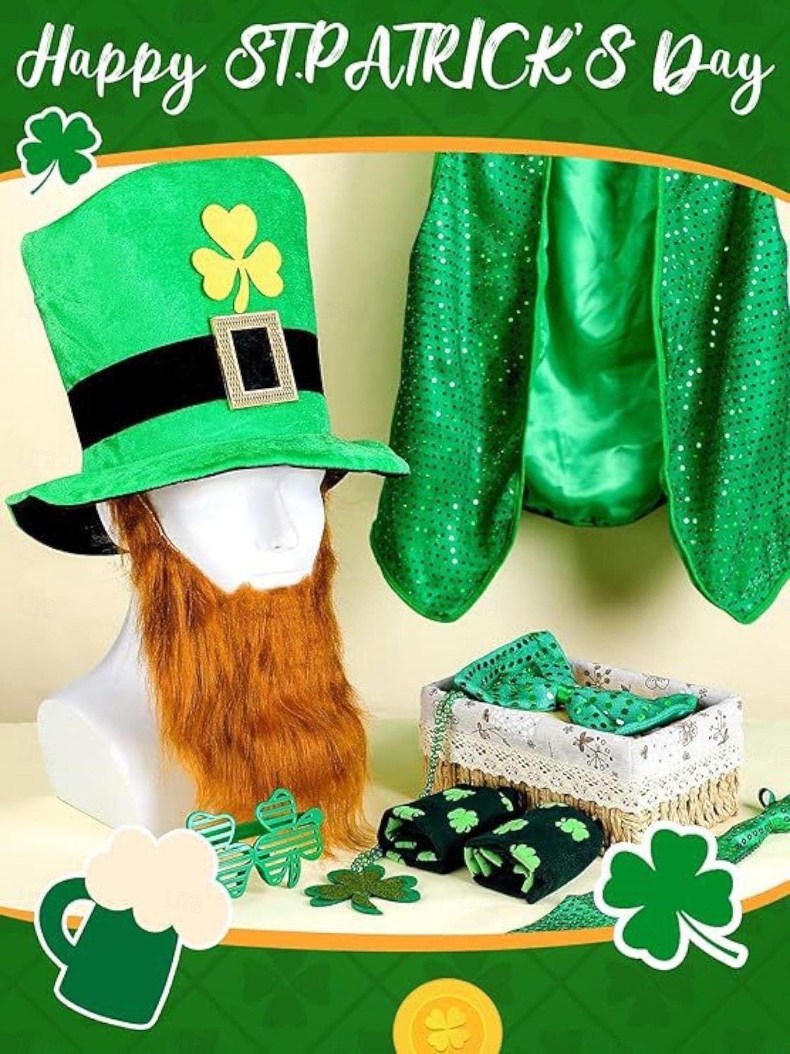 Мужской костюм лепрекона на День Святого Патрика – зеленая шляпа, жилет, борода, носки и аксессуары для праздничных торжеств. 2026 - $42.99 –P2