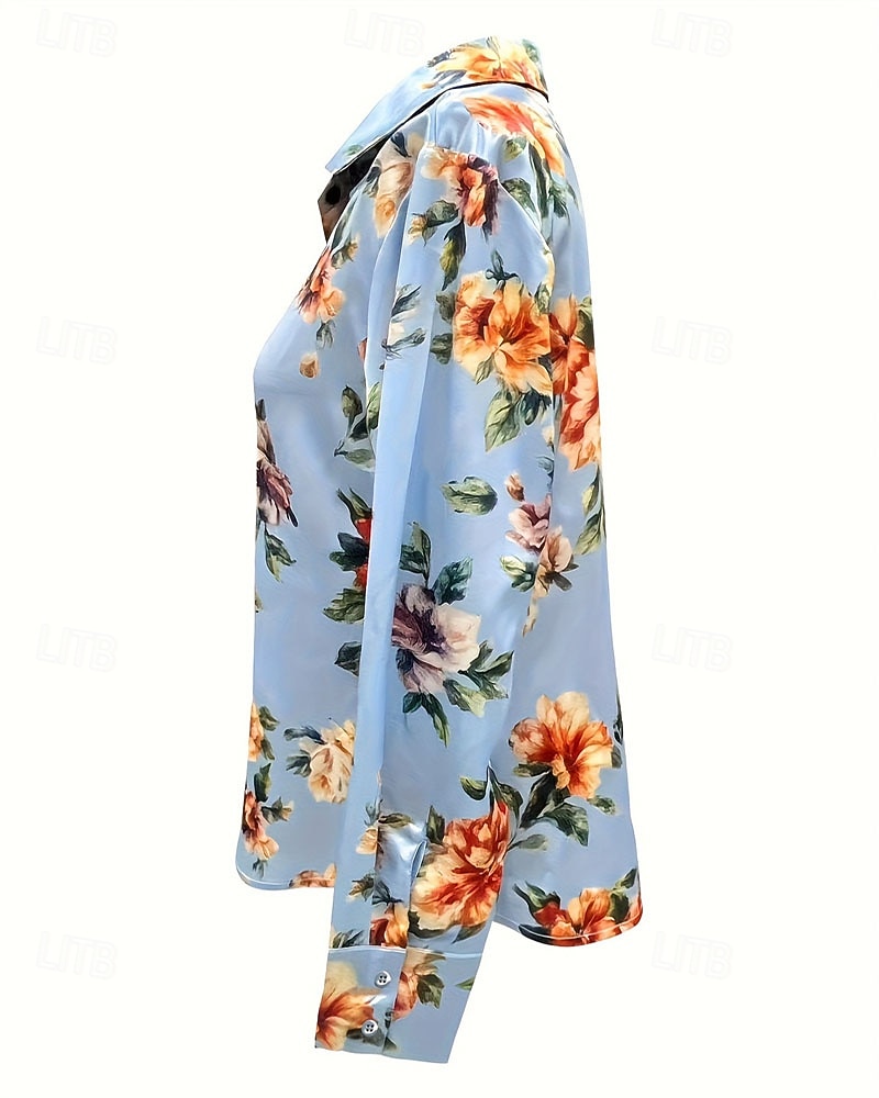 نسائي قميص أنيقة بلوزة من الساتان قمم الصيف مكشكش بقع طباعة ورد الرسم سهل أنيق عتيق سيدات كم طويل قبعة القميص قمصان عادية مناسب للبس اليومي عمل مناسب للعطلات أزرق الصيف الربيع 2026 - $26.99 –P4