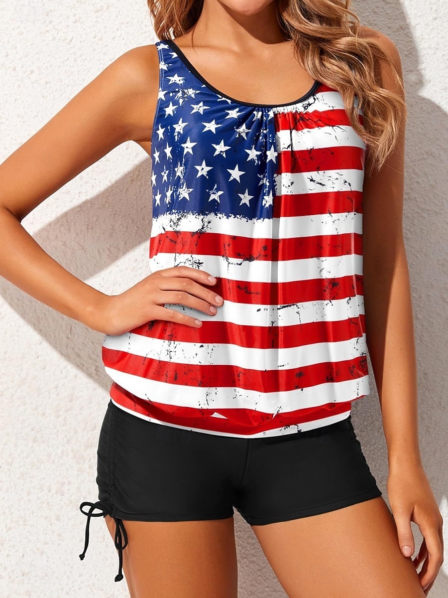 Día de la Independencia Tankini Patriótico para Mujeres Traje de Baño de 2 Piezas Pantalones Cortos Control de Abdomen Cintura Alta Delgado Sin Espalda Vacaciones Traje de Playa Gráfico Cuello en U 2026 - $33.99 –P1