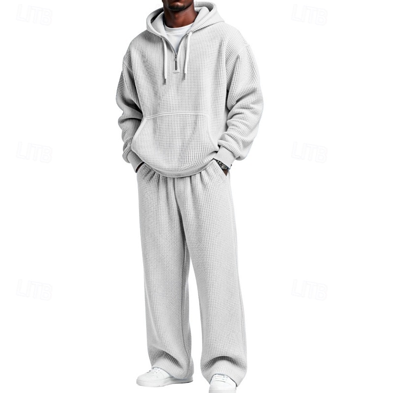 Homens Moletom Moletons Waffle Moletom com capuz e calças Conjunto Capuz Diário Ao ar livre Férias Roupa Diária Com Cordão Half Zip Tecido Vermelho Vinho Preto Branco Roupas Esportivas Esportes Moda de 2026 por $60.99 –P12