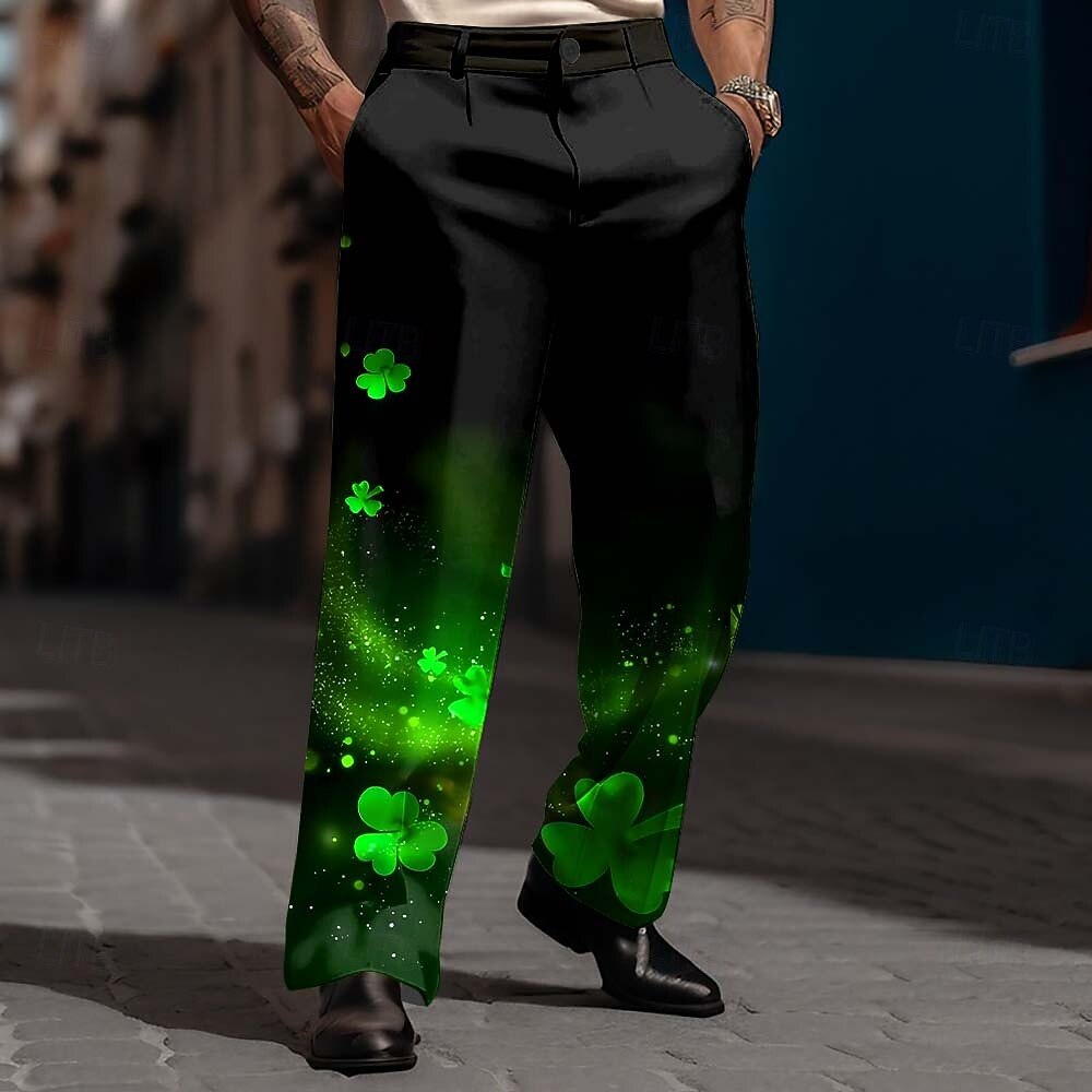St. Patrick's Day Men's Four Leaf Clover Shamrock Neon Glow Trousers Dress Pants Suit Pants Mid Waist Fashion Casual Holiday Relaxed Fit Flat Front Dress Pants with Side Pockets Spring Fall 3D Print 2026 - $31.99 –P3