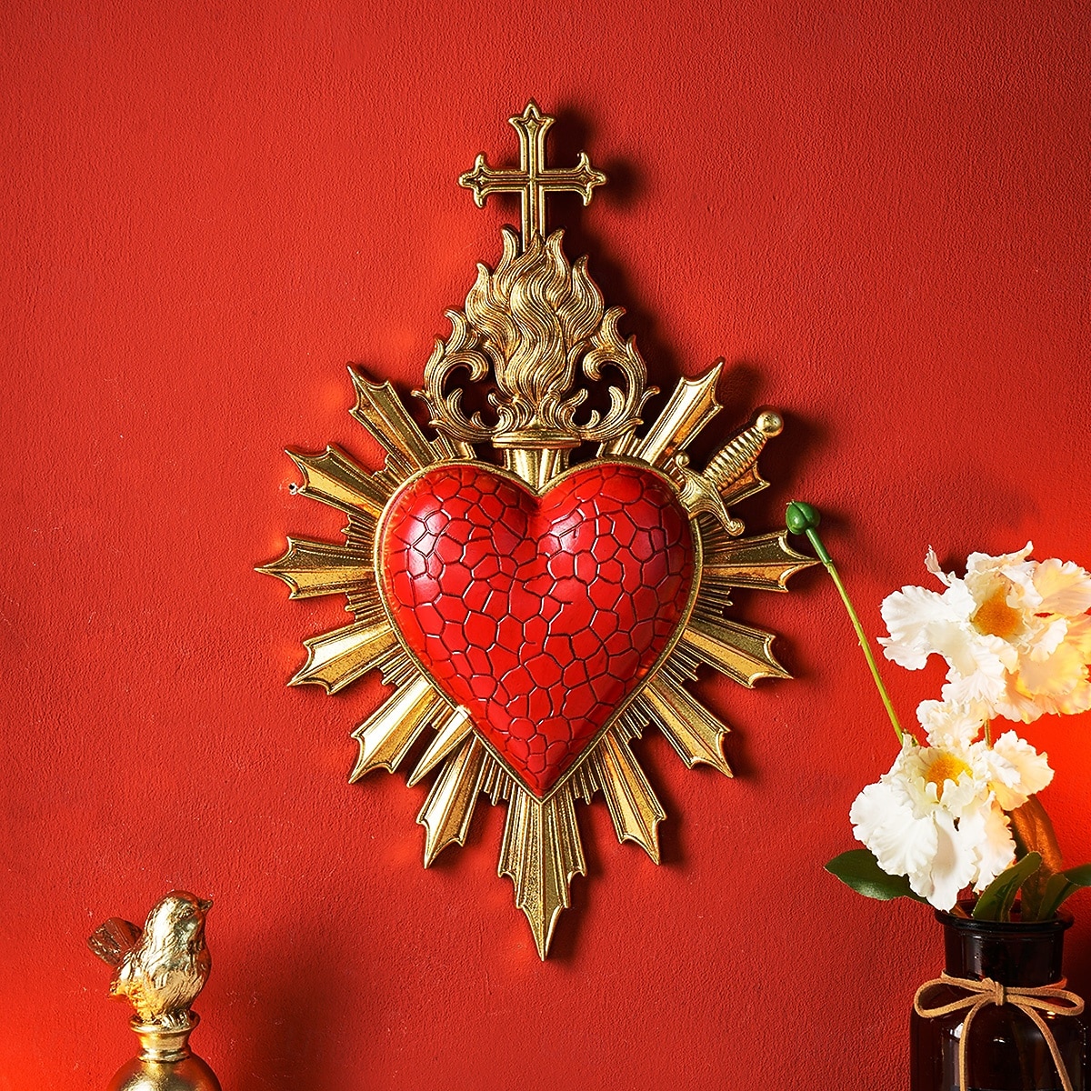 לב קדוש עם חץ לוהט לקישוט קיר, קישוט תלייה דתי בעבודת יד משרף, קישוט קיר רקע בסגנון אירופאי לבית, מלון &אבזרי צילום 2026 - $32.99 –P1