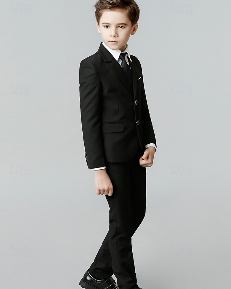 5 Pieces Ring Bearer Suit Boys' Kids Suit Blazer & Vest & Pants & Shirt & Tie Boy's Formal Suit Casual Outdoor Party Fashion Cool Basic Solid Color Pocket Buttons Black Navy Blue Polyester 2026 - $64.99 –P5