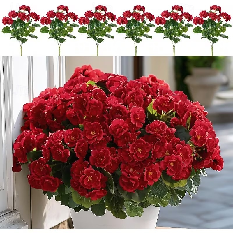 6 větví, kytice z umělých pelargónií odolných proti UV záření, 30 stonků/větví, zářivě červené květy s bujným zeleným olistěním, realistická plastová dekorace do interiéru/venkovního prostředí, 2026 - $25.99 –P1