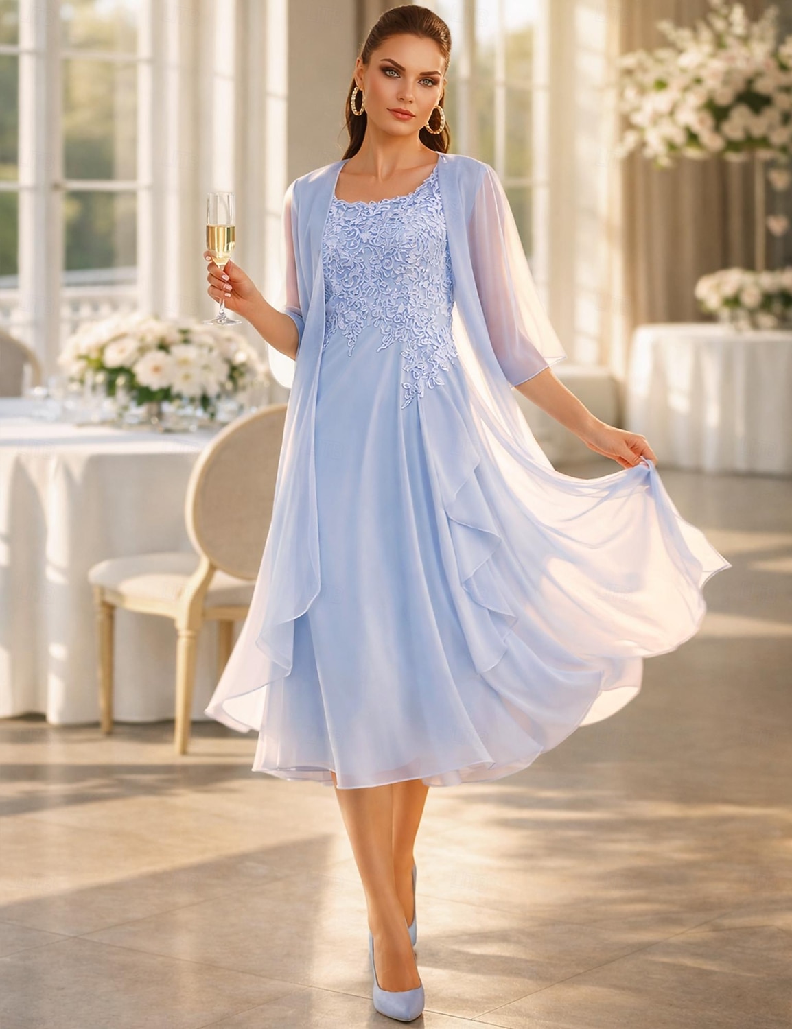 Из двух частей А-силуэт До колена Свадебное платье для гостей Платье для матери невесты Без рукавов Совок шеи Элегантный стиль Свадебный гость Свадебные прием Шифон Кружева Платья-жакеты с 2026 - $157.99 –P3