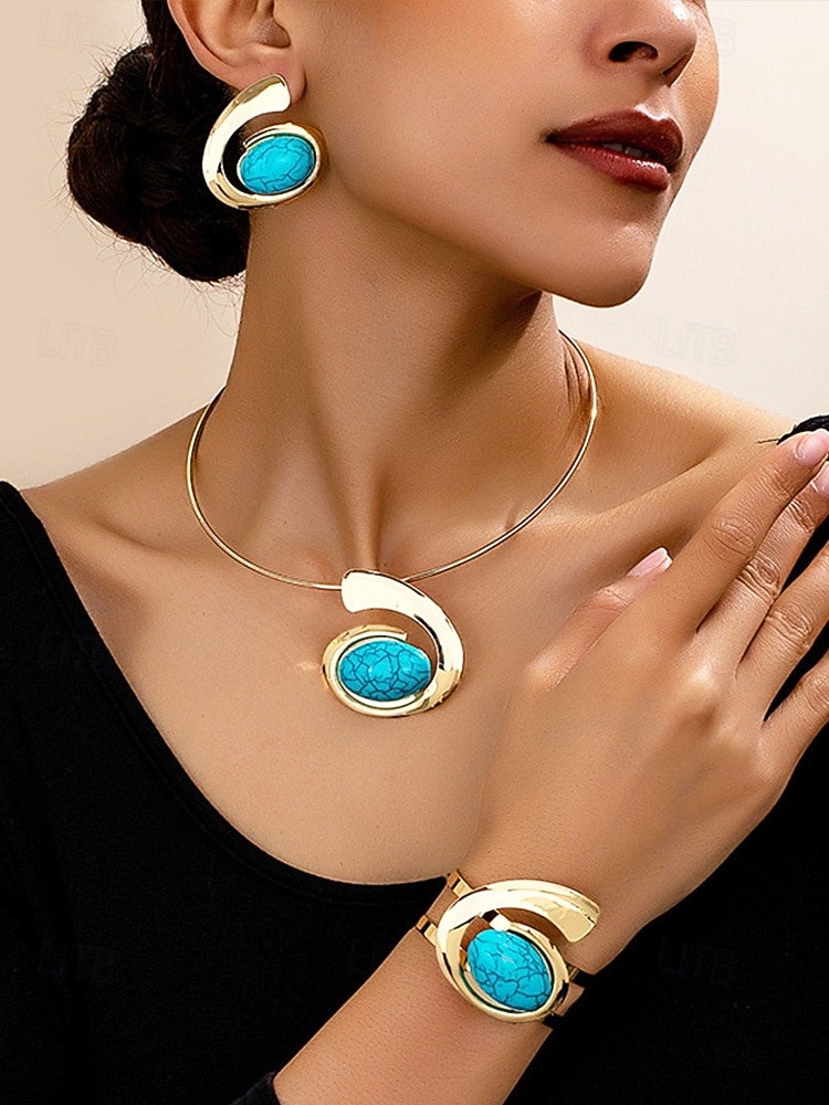 סט תכשיטי סגסוגת בוהמי לנשים עם אבני טורקיז - שרשרת, עגילים וצמיד, זמינים במגוון צבעים - מושלם לאירועים יומיומיים וחגיגיים 2026 - $14.99 –P3