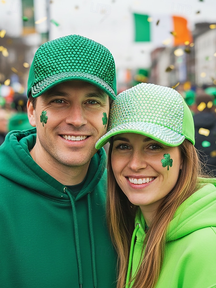 Casquette unisexe ornée de strass, en polyester, décoration scintillante, disponible en plusieurs couleurs, idéale pour la Saint-Patrick, le carnaval et au quotidien. de 2026 ? $14.99 –P1