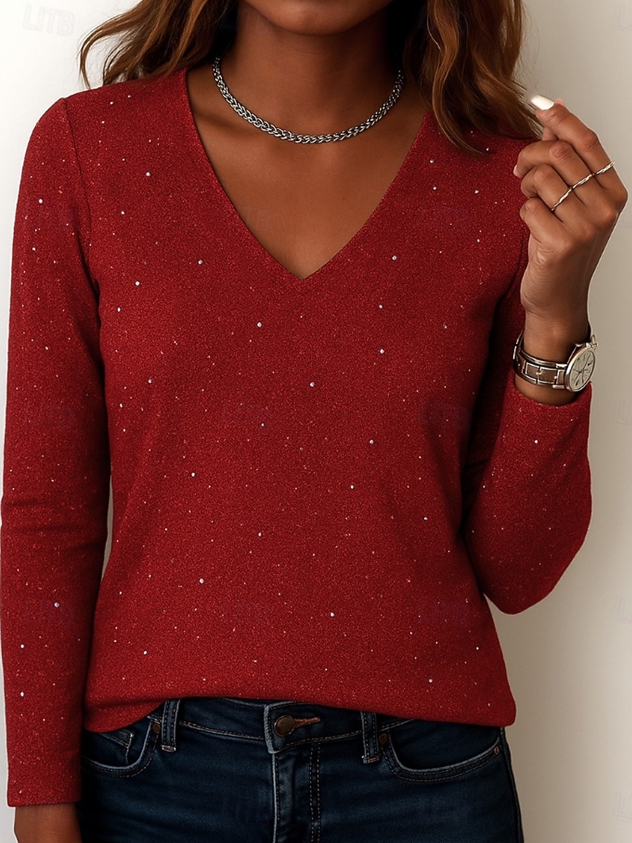 Navidad Mujer Blusa Lentejuelas Color sólido Elegante Básico Casual Manga Larga Escote en Pico Tops regulares Diario Plata Negro Rojo Verde Trébol Primavera Otoño Invierno 2026 - $28.99 –P3