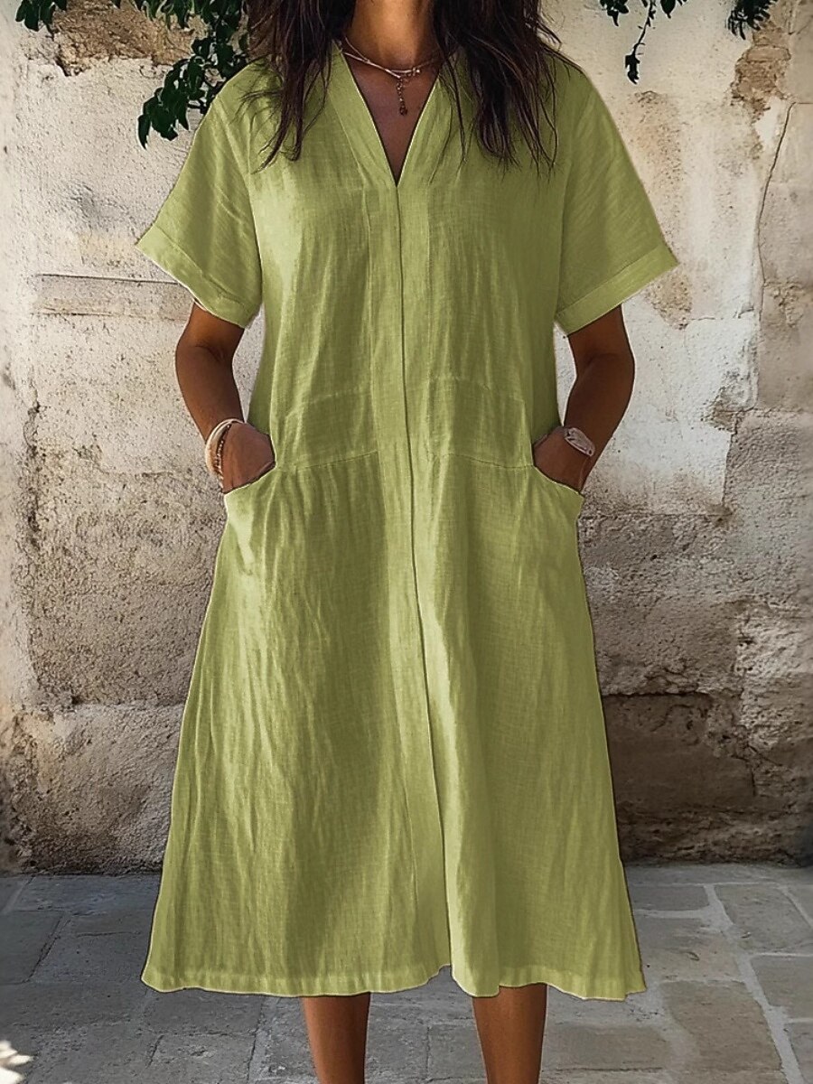 Women's Cotton Linen Midi Dress Shift Dress Summer Dress Casual Daily Loose  Fit Plain Short Sleeve V Neck Blue White Purple Green Summer Spring 2026 -  $31.99