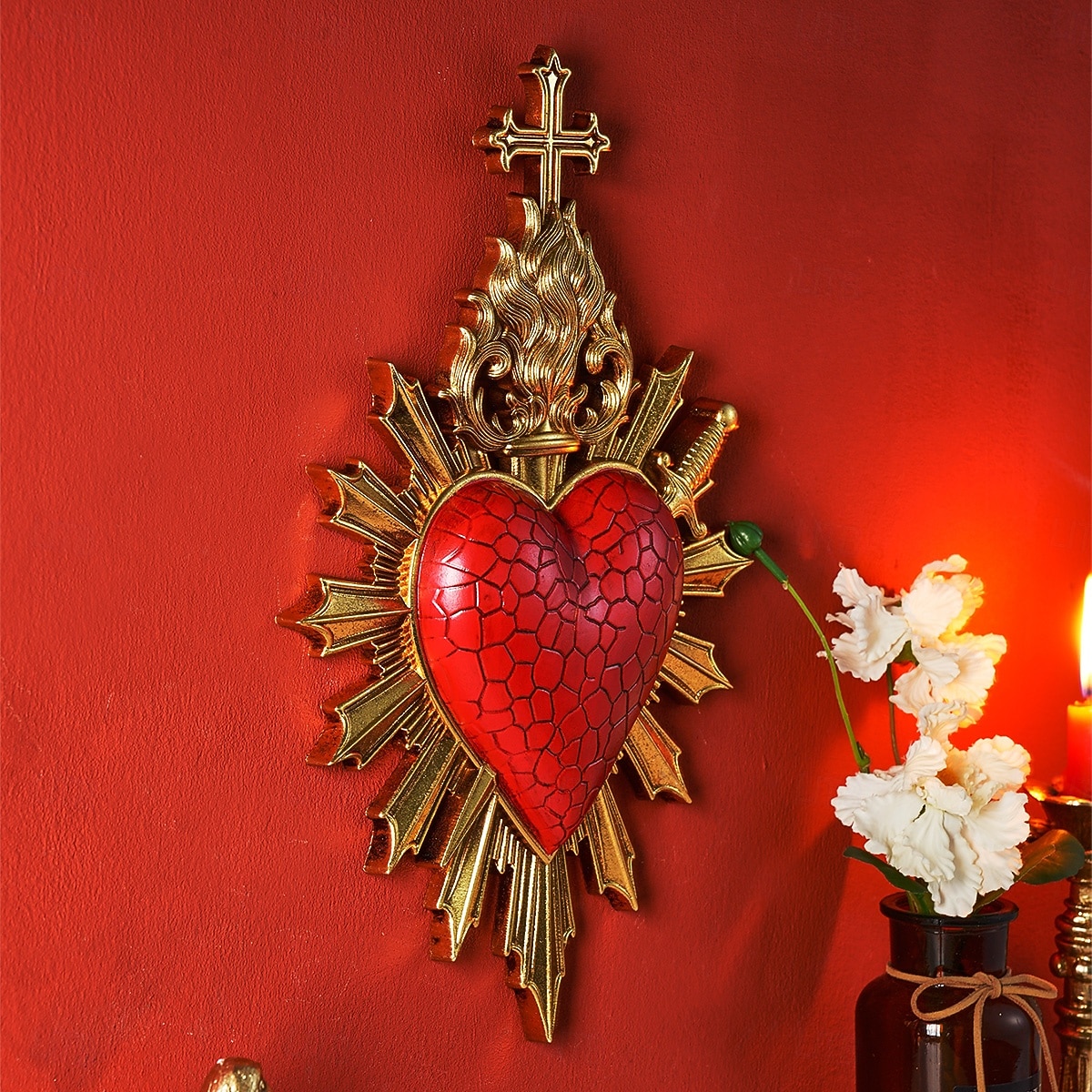 לב קדוש עם חץ לוהט לקישוט קיר, קישוט תלייה דתי בעבודת יד משרף, קישוט קיר רקע בסגנון אירופאי לבית, מלון &אבזרי צילום 2026 - $32.99 –P4