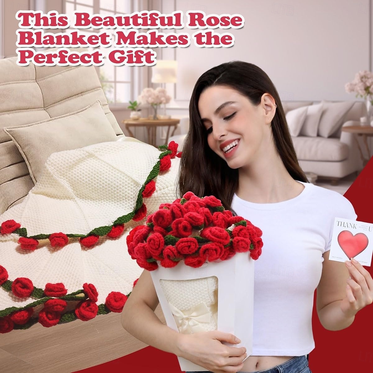 Valentýnská gradientní deka s kyticí konvalinek, ručně vyráběný přehoz s umělými květinami, deka na spaní, uměle tkaný přehoz, perfektní dárek pro blízké 2026 - $30.99 –P5