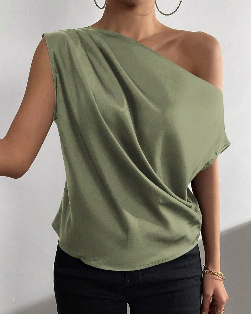 Per donna Camicia Elegant Top in raso Blusa Senza schiena Semplice Vintage Elegante Senza Maniche Asimmetrico Top Regolari Quotidiano Ferie Uscire Nero Verde chiaro Verde smeraldo Albicocca Estate del 2026 a $25.99 –P10