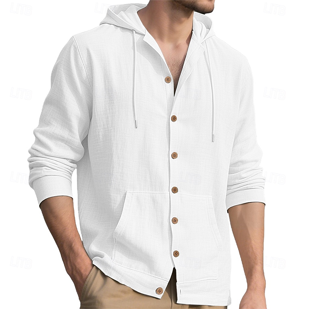 Men's Shirt Linen Shirt Summer Shirt Beach Wear Hooded Shirt Solid Color Vacation Street Black White Yellow Navy Blue Long Sleeve Shirt Collar Summer Spring Clothing Apparel Pocket 2026 - $24.99 –P9