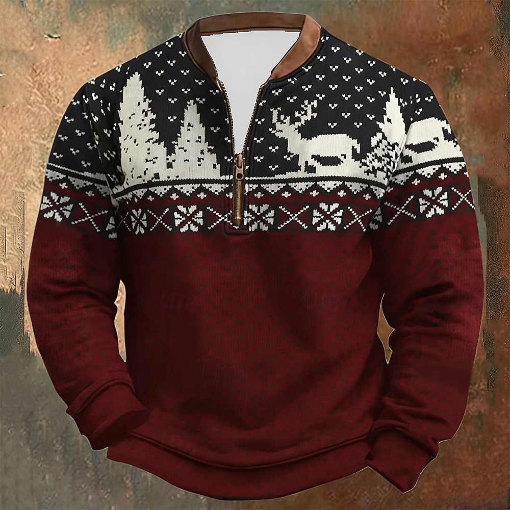 Christmas Men's Reindeer Printing Quarter Zip Sweatshirt Sweatshirts Long Sleeve Sweatshirt Half Zip Vintage Retro Print Holiday Going out Print Fall Winter 2026 - $22.99 –P2