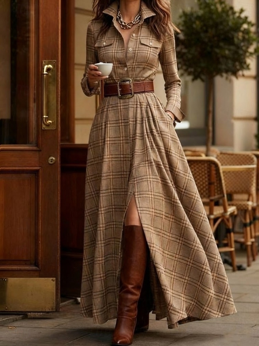 Damen Maxikleid Shiftkleid Urlaub Lässig Boho Täglich Normale Passform Karomuster Langarm Hemdkragen Blau Gelb Rosa Rote Frühling Herbst Winter 2026 - $58.99 –P4