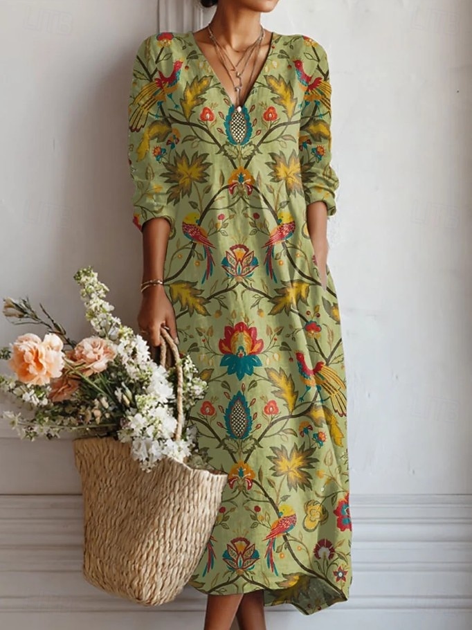Abito midi da donna in lino simile traspirante leggero abito estivo A-line vacanza casual boho festa vestibilità regolare floreale grafica color block manica lunga scollo a V blu rosa marrone verde del 2026 a $41.99 –P1