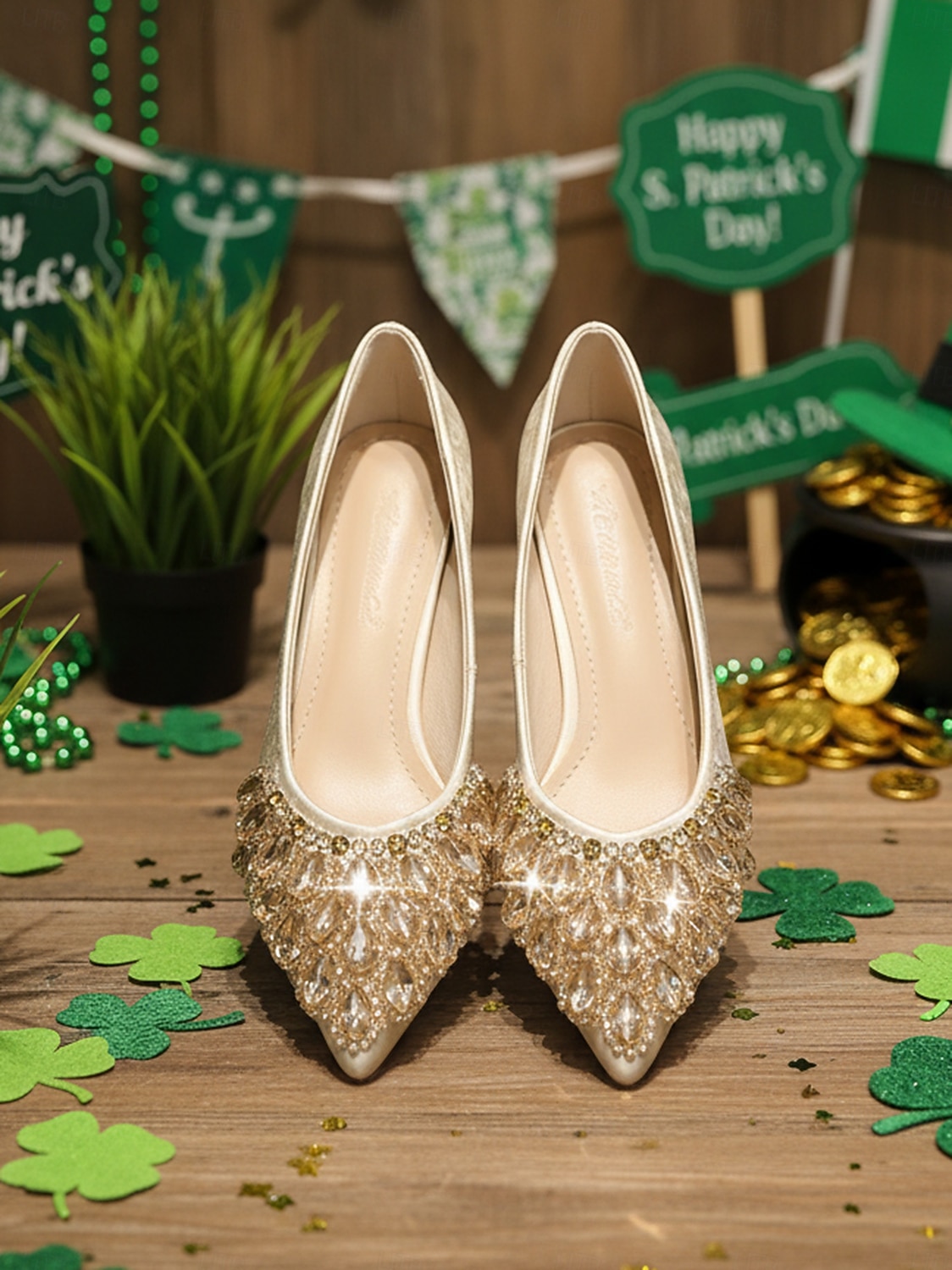 Women's St. Patrick's Day Green Satin Low Heel Pumps, Pointed Toe Crystal Embellished Dress Shoes, Elegant Vintage-Inspired Comfort Heels for Women, Perfect for St. Paddy's Day Parties 2026 - $42.99 –P6