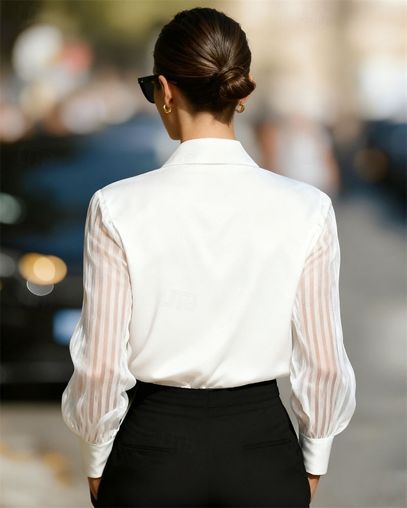 Mujer Camisa Elegant Top de satén Blusa Frunce Encaje Retazos Color sólido Plano Elegante Vintage Diario Manga Larga Cuello Camisero Tops regulares Diario Trabajo Festivos Negro Blanco Rojo Azul Real 2026 - $28.99 –P4