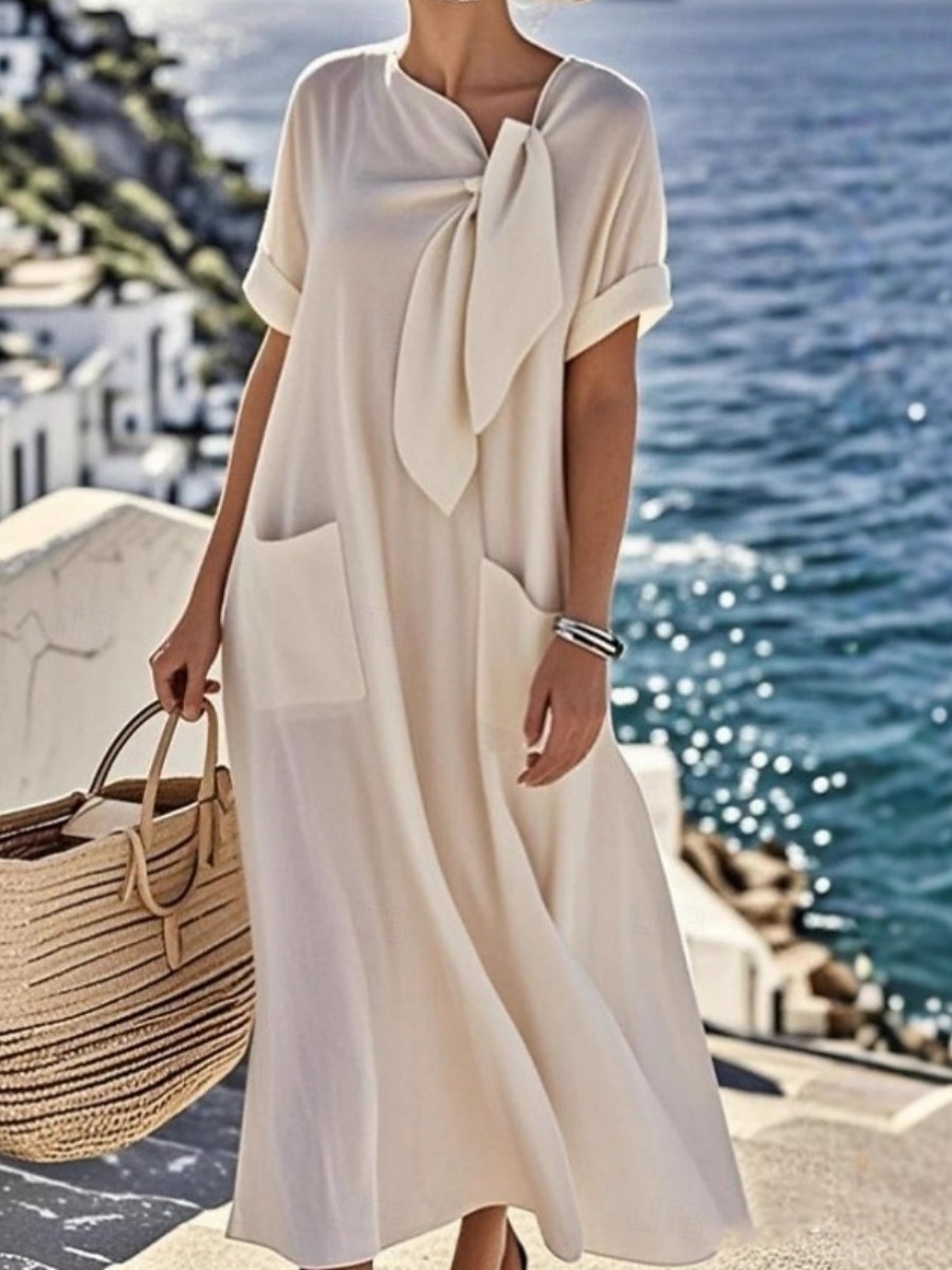 Femmes Robe maxi Robe trapèze Robe d'été Occasionnel Quotidien Coupe Ample Uni Manche Courte Col en V Bleu Marron clair Marron Vert Véronèse Été de 2026 ? $34.99 –P4