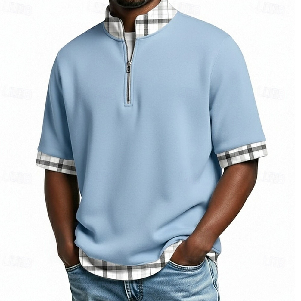 Per uomo Polo Casuale Ferie Colletto Mao Manica Corta Essenziale Moderno Plaid Blocco di colori Bottoni Estate Primavera Blu Blu marino Viola Marrone Verde Polo del 2026 a $24.99 –P1
