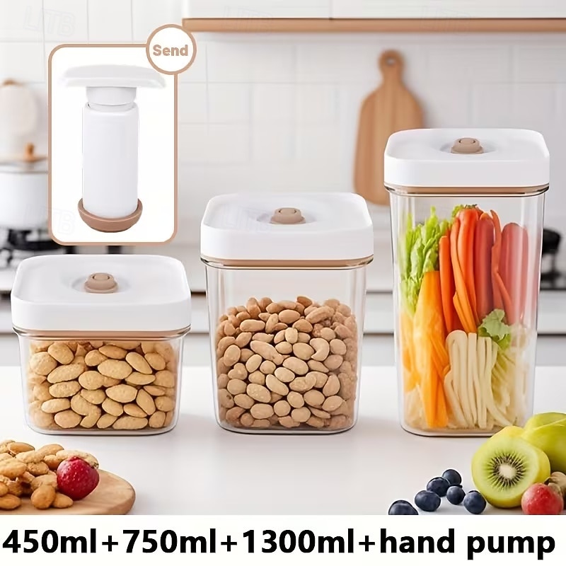 4 stuks handmatige vacuüm bewaardozen (3 dozen + 1 luchtpomp), vierkant ABS-materiaal met deksel, inclusief luchtpomp, vervangende bewaardoos voor in de koelkast, geschikt voor fruit, groenten, granen 2026 - $28.99 –P7