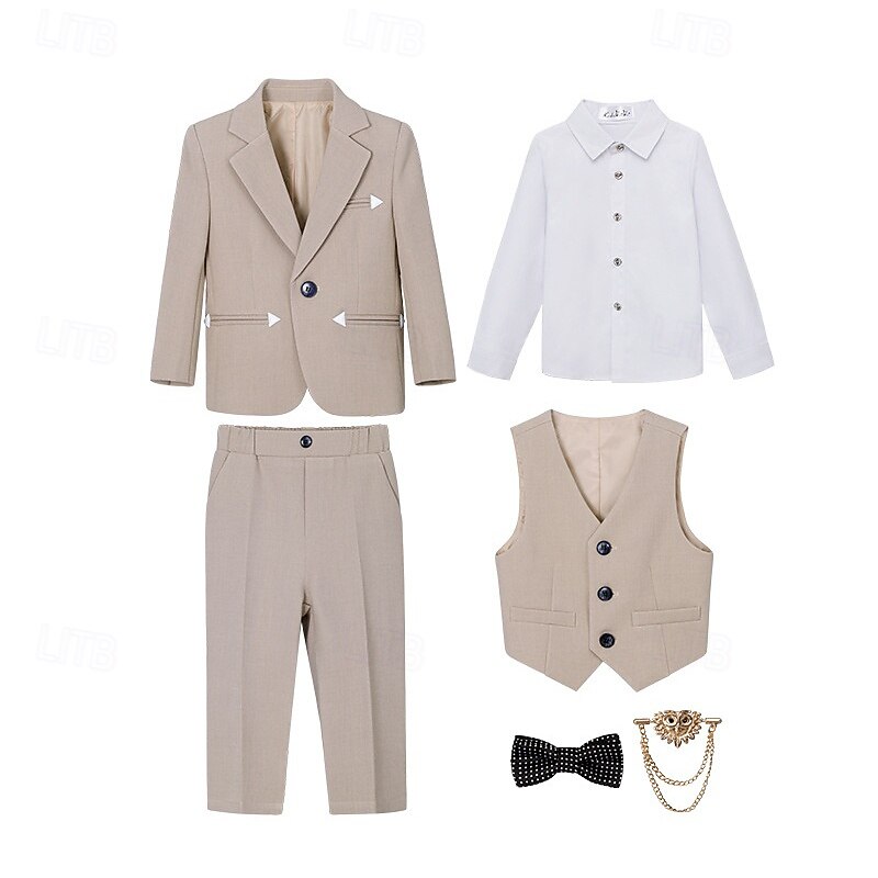 Costume de garçon d'honneur 6 pièces avec blazer &gilet & pantalon  & chemise  &Costume garçon avec cravate, élégant et décontracté, idéal pour les fêtes en extérieur. Couleur unie, noir, kaki, gris, de 2026 ? $77.99 –P2