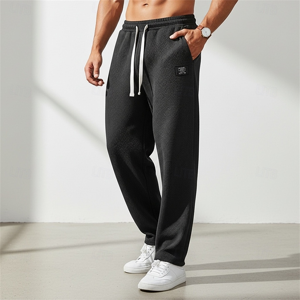 Men's Waffle Sweatpants Trousers Baggy Pants Straight Leg Sweatpants Drawstring Elastic Waist Solid Color Comfort Full Length Daily Outdoor Streetwear Vacation Fashion Black White Micro-elastic 2026 - $25.99 –P9