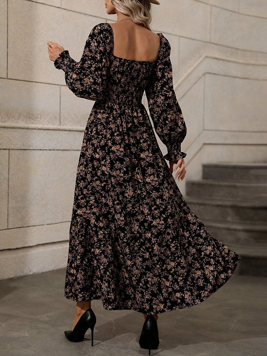 Dames Maxi-jurk A lijn jurk Casual Dagelijks Normale pasvorm Bloemig Grafisch Lange mouw Vierkante hals Zwart Blozend Roze Lente Herfst 2026 - $34.99 –P8
