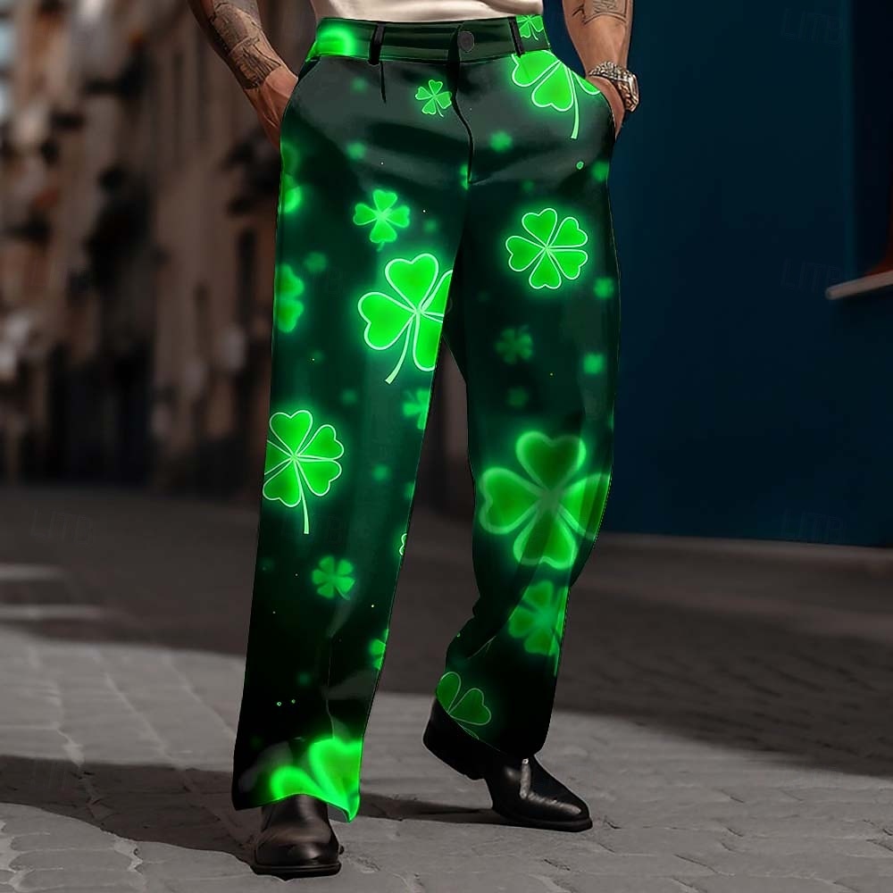 St. Patrick's Day Men's Four Leaf Clover Shamrock Neon Glow Trousers Dress Pants Suit Pants Mid Waist Fashion Casual Holiday Relaxed Fit Flat Front Dress Pants with Side Pockets Spring Fall 3D Print 2026 - $31.99 –P1