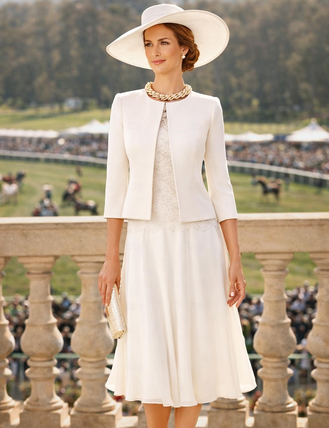 Due Pezzi Tubino Colonna Lunghezza al ginocchio Abito da invitata a nozze Abito da cerimonia per signora Manica 3/4 Collo gioiello Elegante Ospite di nozze Chiesa Chiffon Raso Pizzo Abiti Corti con del 2026 a $183.99 –P1