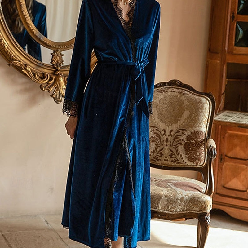 Women's Pajamas Loungewear Warm Fashion Casual Pure Color Ruched Lace up Patchwork Vacation Home Bed Long Sleeve V Neck Blue Black Wine Green Winter Regular Fit 2026 - $35.99 –P1