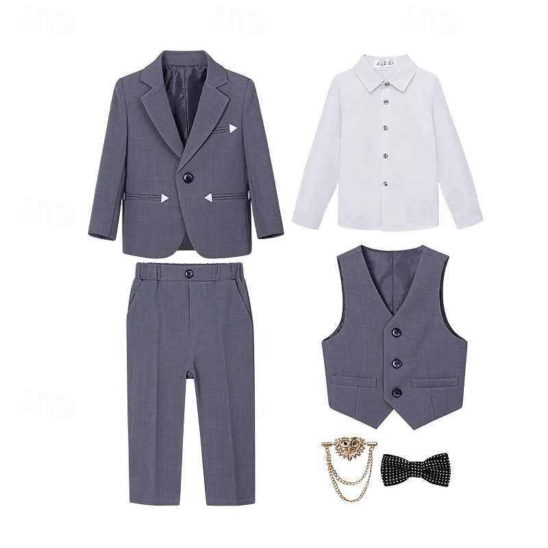 Costume de garçon d'honneur 6 pièces avec blazer &gilet & pantalon  & chemise  &Costume garçon avec cravate, élégant et décontracté, idéal pour les fêtes en extérieur. Couleur unie, noir, kaki, gris, de 2026 ? $77.99 –P4