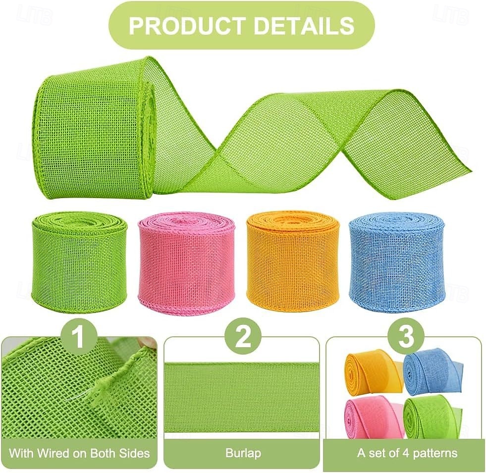 4 rollos de cinta de Pascua con alambre, arpillera rústica, cinta de alambre colorida para corona de Navidad, Halloween, otoño, lazo, artesanía, envoltura de regalos, fiesta, decoración bohemia 2026 - $9.99 –P5