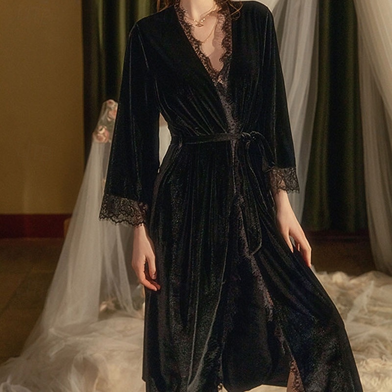 Women's Pajamas Loungewear Warm Fashion Casual Pure Color Ruched Lace up Patchwork Vacation Home Bed Long Sleeve V Neck Blue Black Wine Green Winter Regular Fit 2026 - $35.99 –P2
