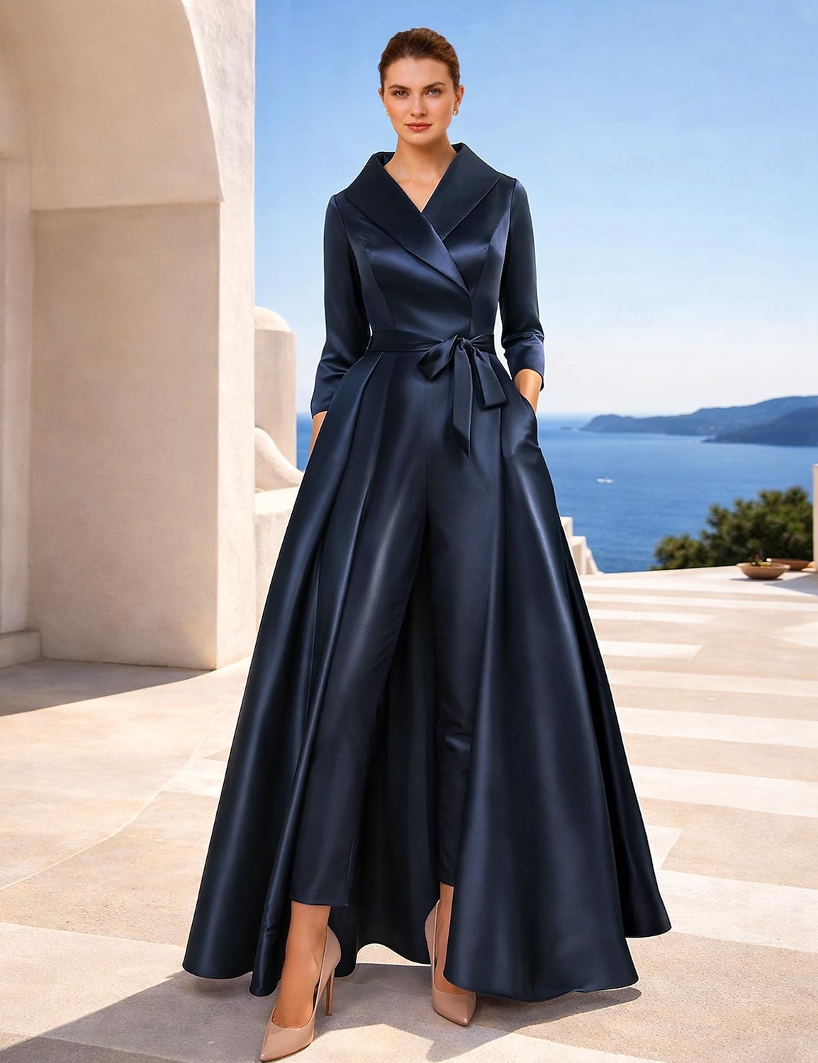 Jumpsuit Pantsuit Ankle Length Mother of the Bride Dress 3/4 Length Sleeve Shirt Collar Elegant Party Simple Formal Wedding Guest Satin with Bow(s) 2026 - $142.99 –P6