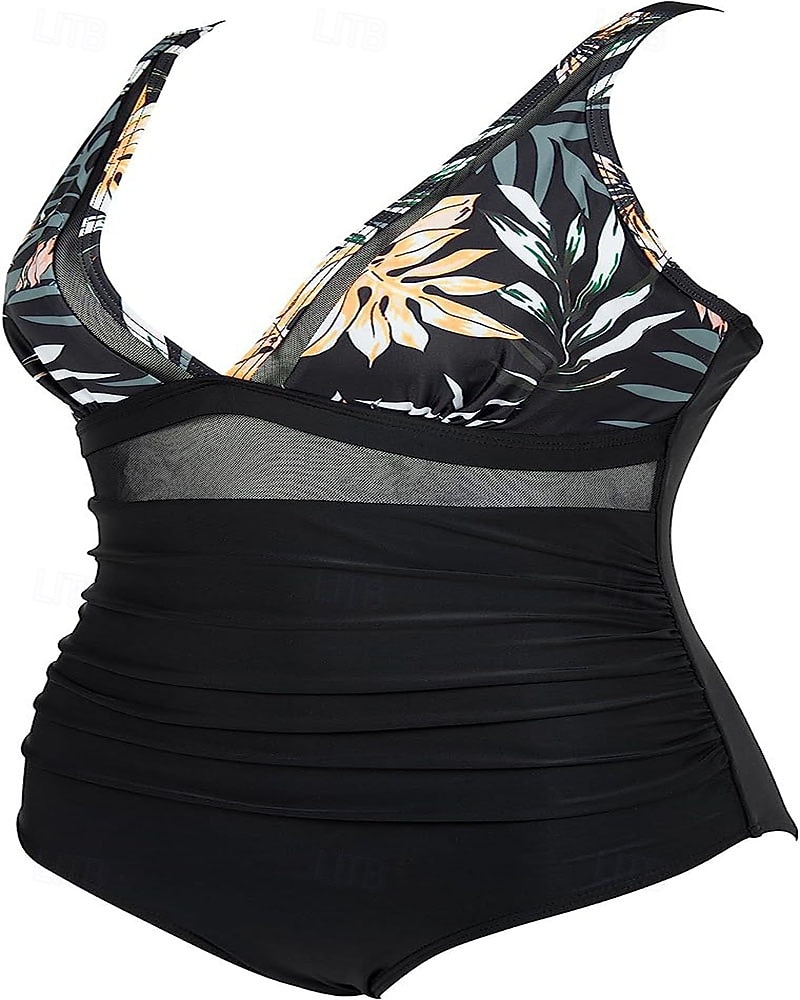 Damen Badeanzug Einteiler Bikini Shorts Bademode Netz Rückenfrei Urlaub Strandbekleidung Leopard Blätter V Ausschnitt Ärmellos Badeanzüge 2026 - $21.99 –P3