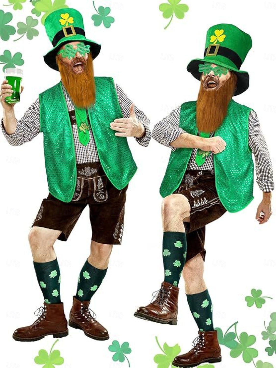 Мужской костюм лепрекона на День Святого Патрика – зеленая шляпа, жилет, борода, носки и аксессуары для праздничных торжеств. 2026 - $42.99 –P5