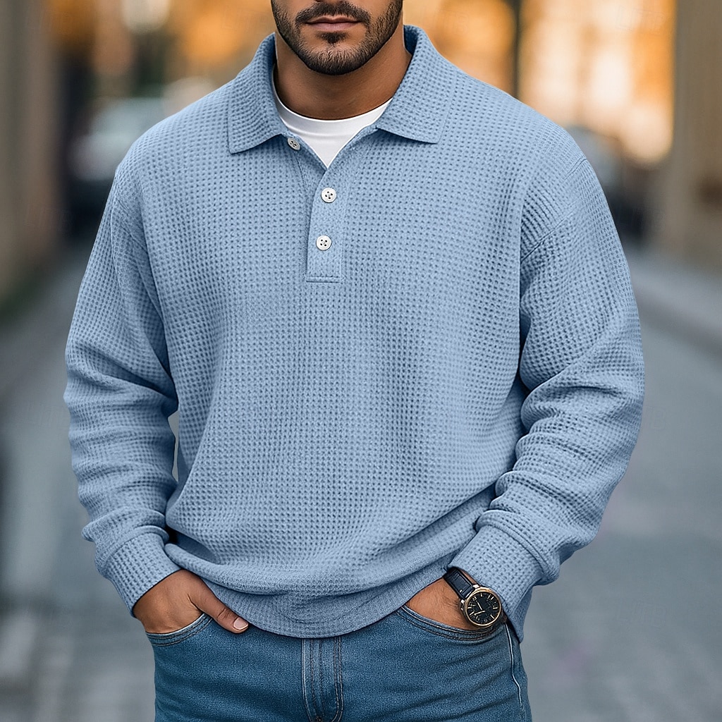 2026年 男性用 ワッフルポロシャツ テクスチャード加工 カジュアル ストリート リブ付きポロカラー 長袖 ファッション 純色 ボタン 平織り 秋 春 & 秋 ルーズフィット パープル カーキ色 ライト ダークブルー ライトブルー ワッフルポロシャツ  コレクション – $26.99 –P8