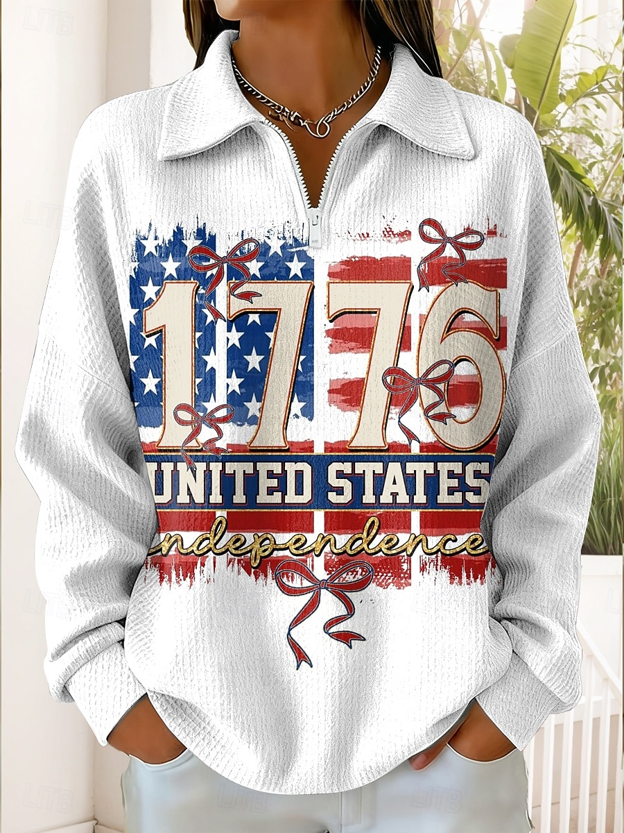 Jour de l'indépendance Anniversaire américain Patriote Sweatshirt pour femmes Graphique Décontracté Imprimé Manches longues Demi-zip Hauts réguliers Vêtements décontractés Quotidien Sports Noir Blanc de 2026 ? $29.99 –P1