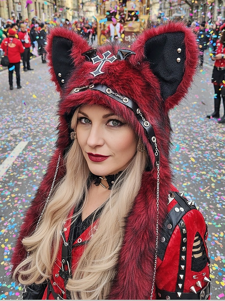 Dámská punková kožišinová čepice s kočkou na Mardi Gras v několika barvách trendy design s křížovými detaily perfektní pro karneval a maškarní plesy 2026 - $26.99 –P1