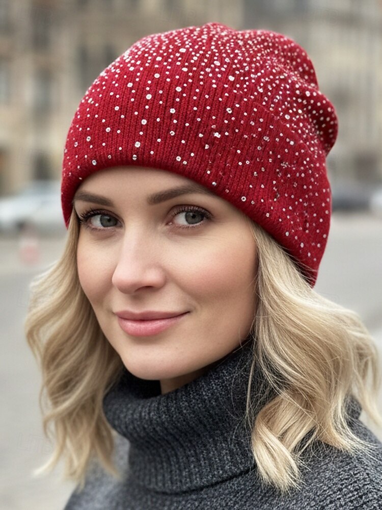 Naisten neulottu polyesteripipo, strassikoriste, saatavilla useissa väreissä, täydellinen talvimuotiin 2026 - $11.99 –P2